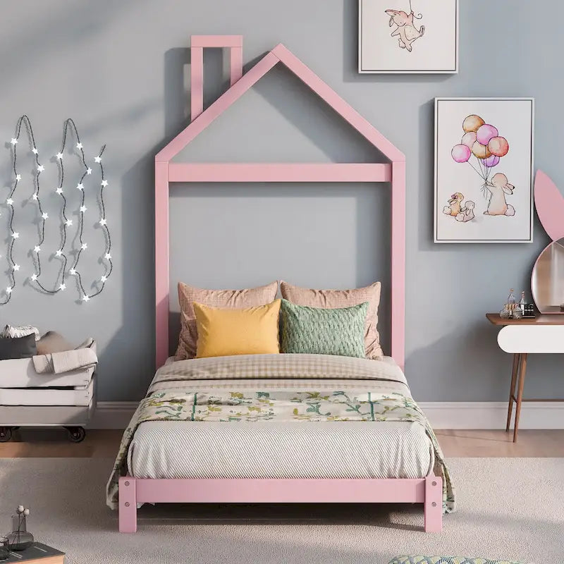 Lit plateforme en bois pour enfant, taille simple, avec tête de lit en forme de maison
