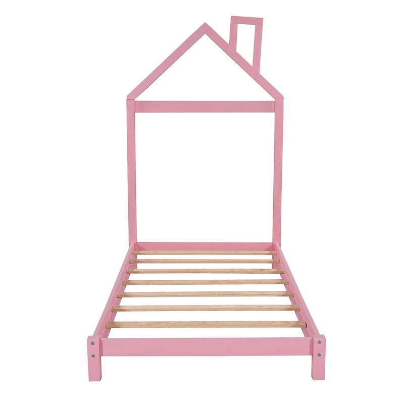Lit plateforme en bois pour enfant, taille simple, avec tête de lit en forme de maison