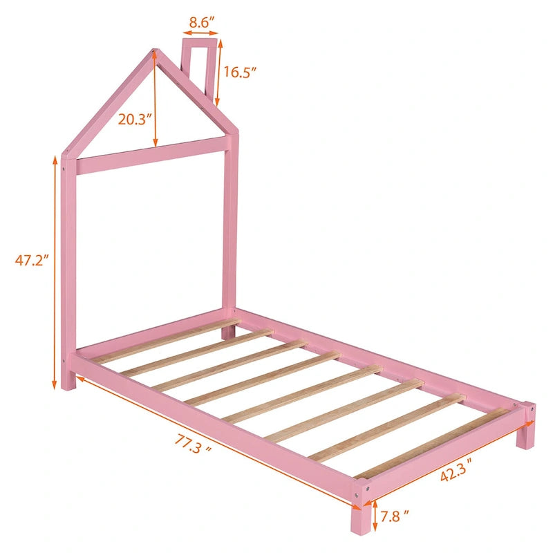 Lit plateforme en bois pour enfant, taille simple, avec tête de lit en forme de maison