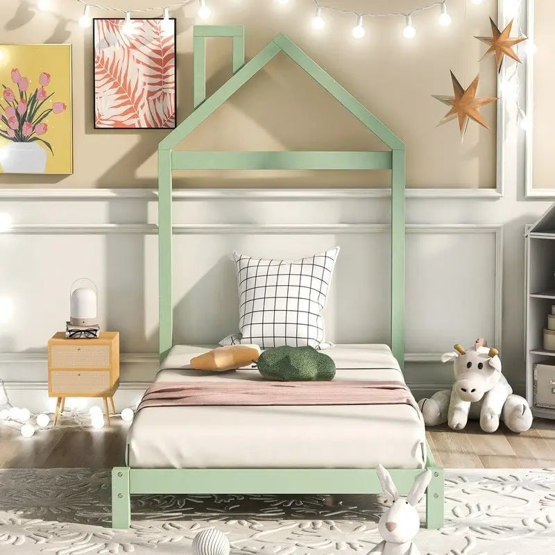 Lit plateforme en bois pour enfant, taille simple, avec tête de lit en forme de maison
