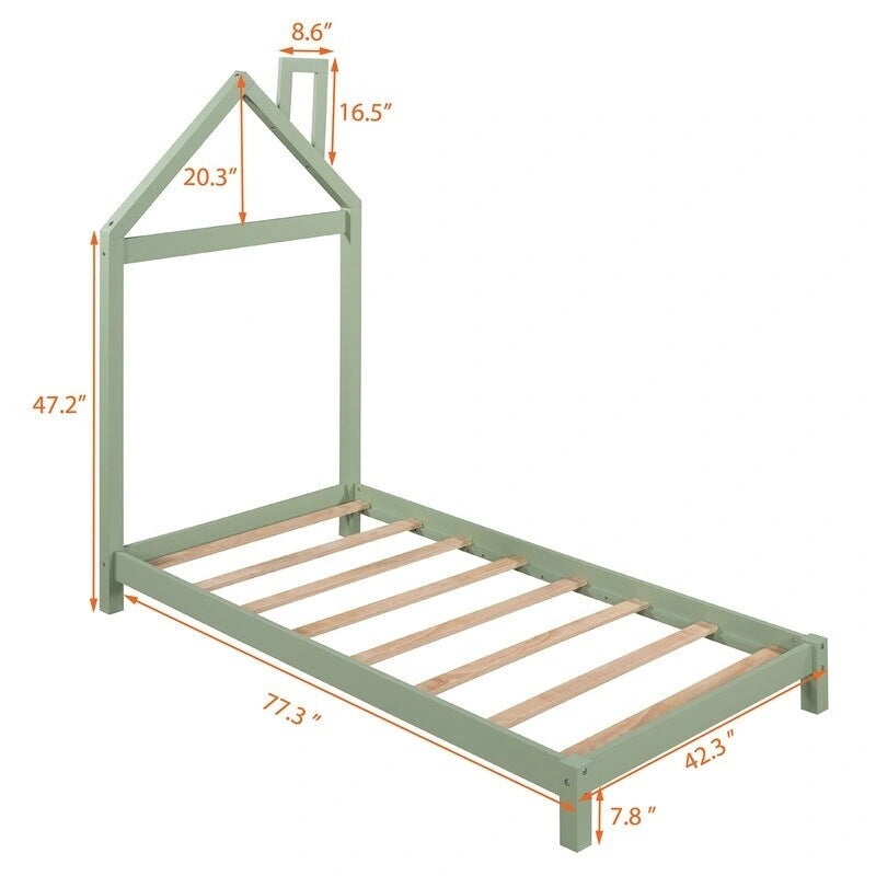 Lit plateforme en bois pour enfant, taille simple, avec tête de lit en forme de maison