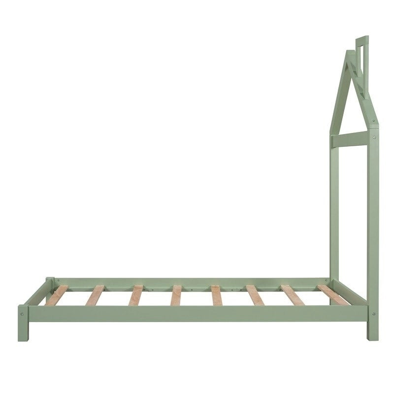 Lit plateforme en bois pour enfant, taille simple, avec tête de lit en forme de maison