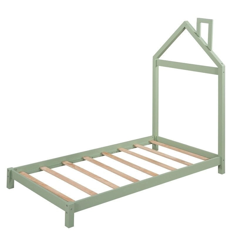 Lit plateforme en bois pour enfant, taille simple, avec tête de lit en forme de maison