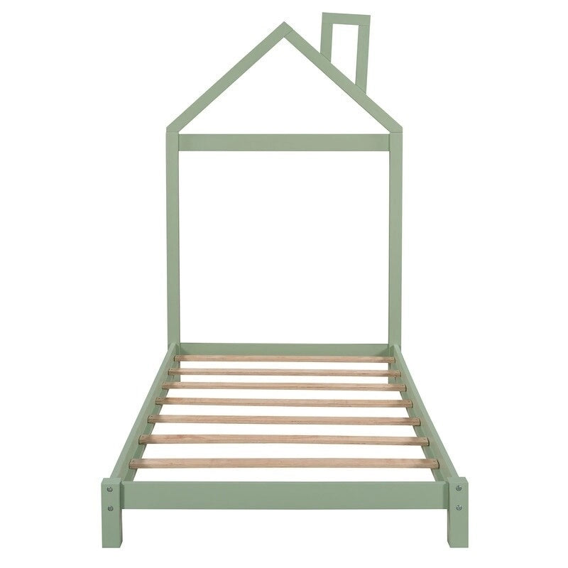 Lit plateforme en bois pour enfant, taille simple, avec tête de lit en forme de maison