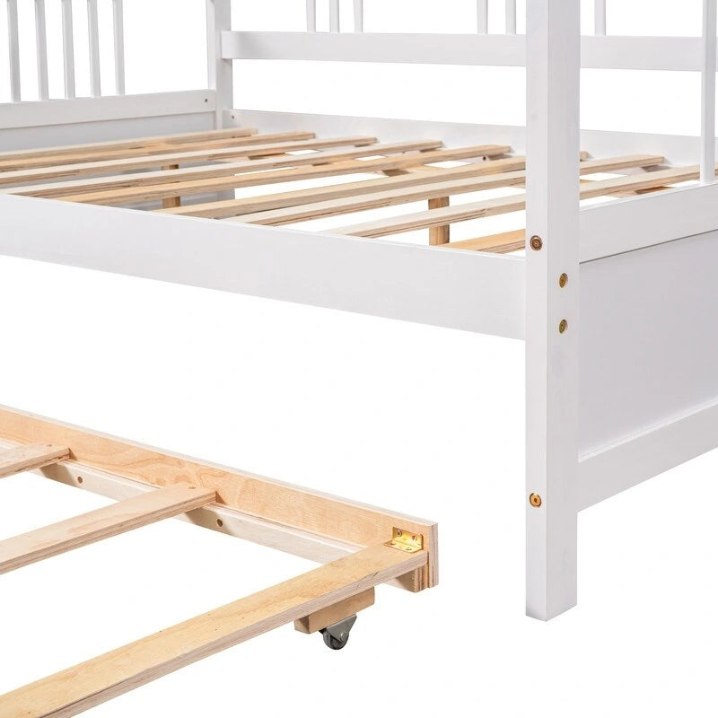 Lit de repos double avec lit gigogne double, cadre de lit double en bois avec barrières sur trois côtés