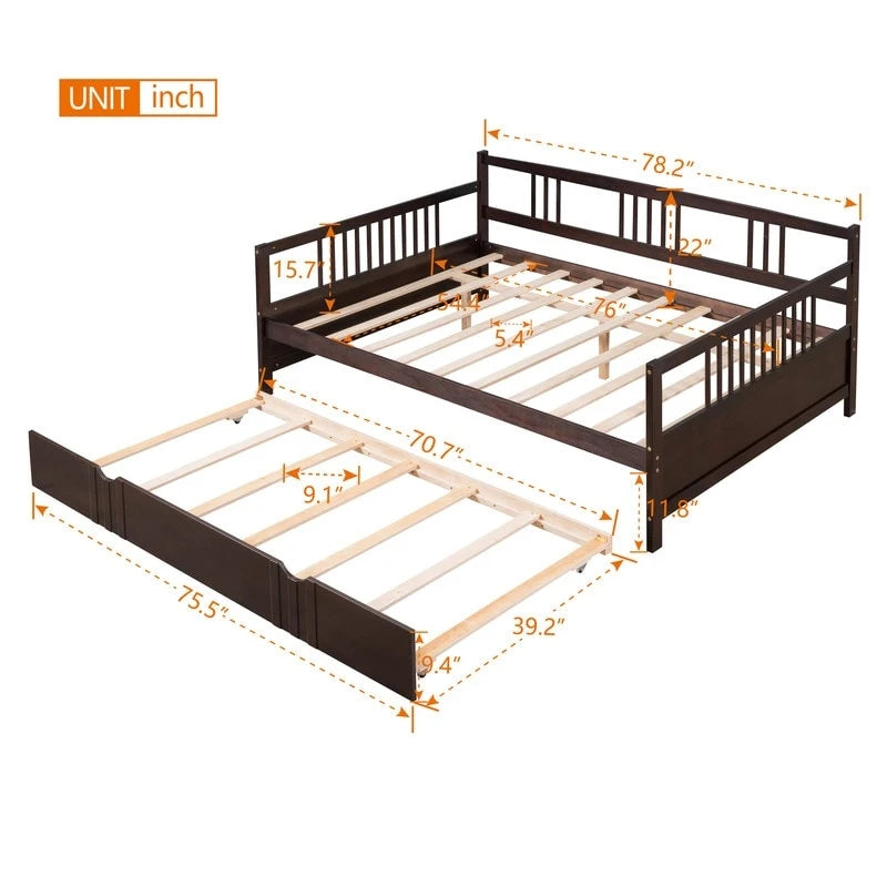 Lit de repos double avec lit gigogne double, cadre de lit double en bois avec barrières sur trois côtés