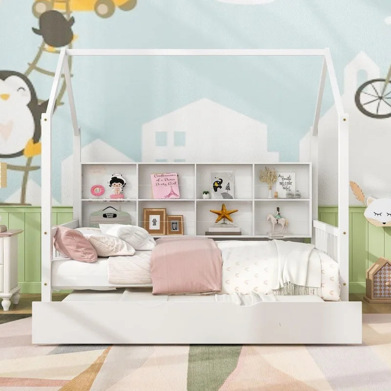 Wood Bed Frame with Side Storage Bookcase Shelf Guardrail Trundle Bed