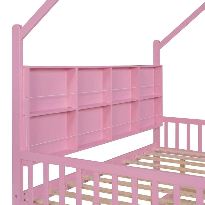 Cadre de lit en bois avec rangement latéral, étagère bibliothèque, barrière de sécurité et lit gigogne