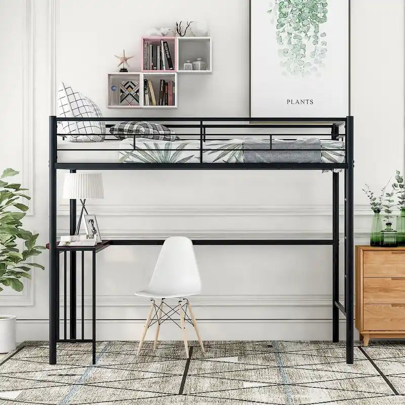 Lit mezzanine une place en métal avec bureau, échelle et barrières de sécurité