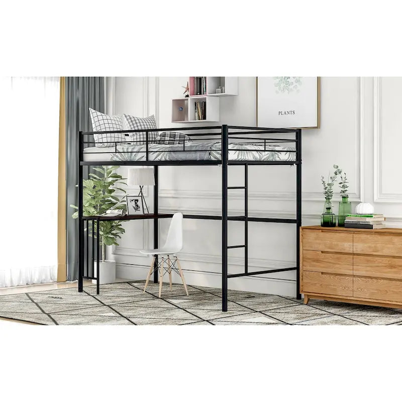 Lit mezzanine une place en métal avec bureau, échelle et barrières de sécurité