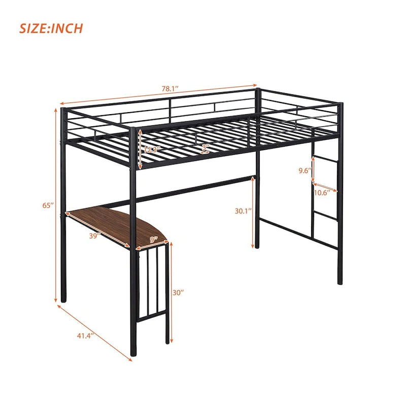 Lit mezzanine une place en métal avec bureau, échelle et barrières de sécurité