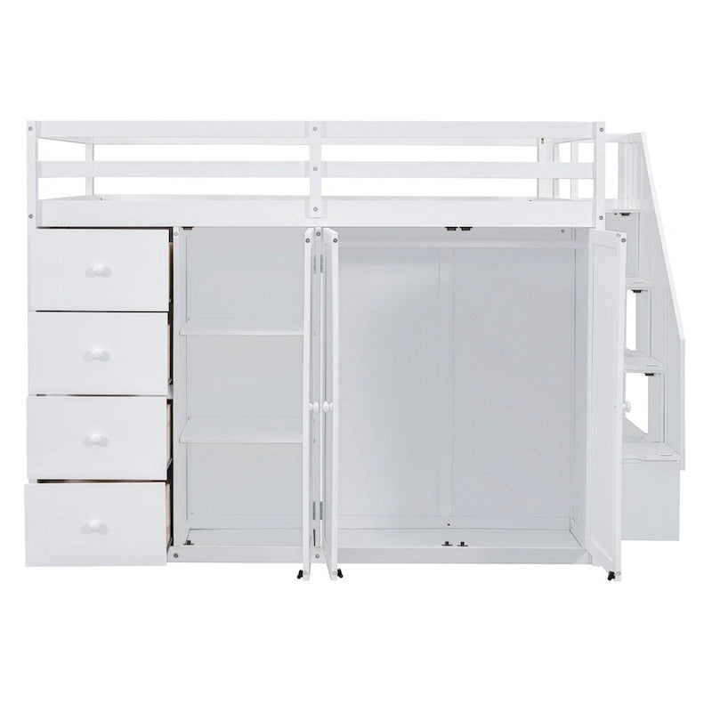Full Size Wood Loft Bed with Built-in Wardrobes, Cabinets and Drawers