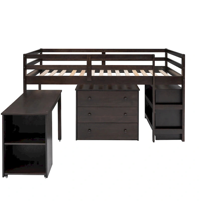 Low Study Loft Bed with Cabinet and Rolling Portable Desk