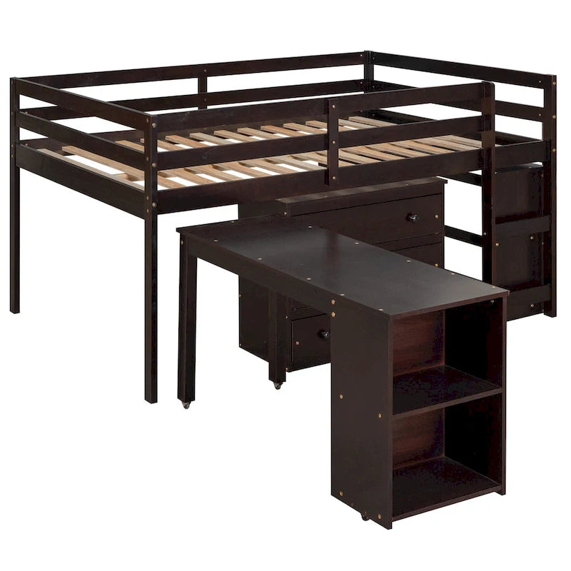 Lit mezzanine bas de travail avec armoire et bureau mobile à roulettes
