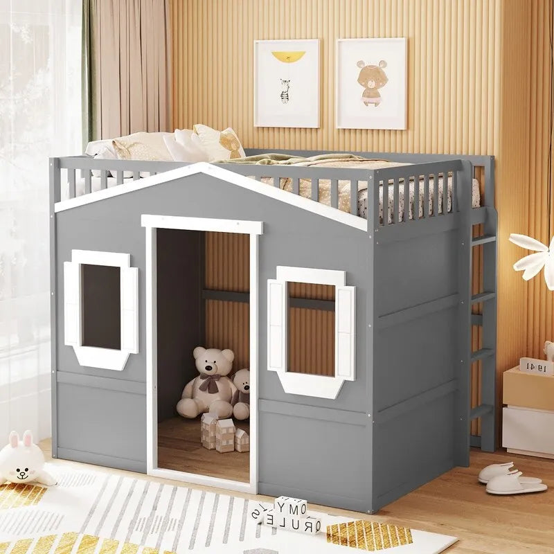 Lit mezzanine en bois deux places, cadre de lit cabane avec échelle et barrières de sécurité pour enfants, sommier non requis