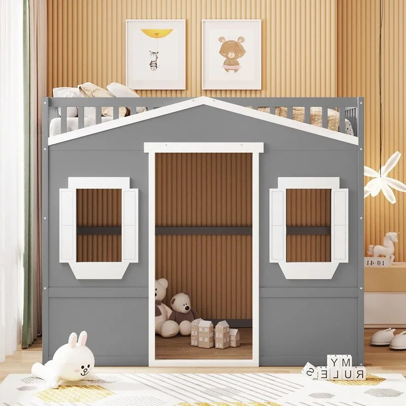 Lit mezzanine en bois deux places, cadre de lit cabane avec échelle et barrières de sécurité pour enfants, sommier non requis