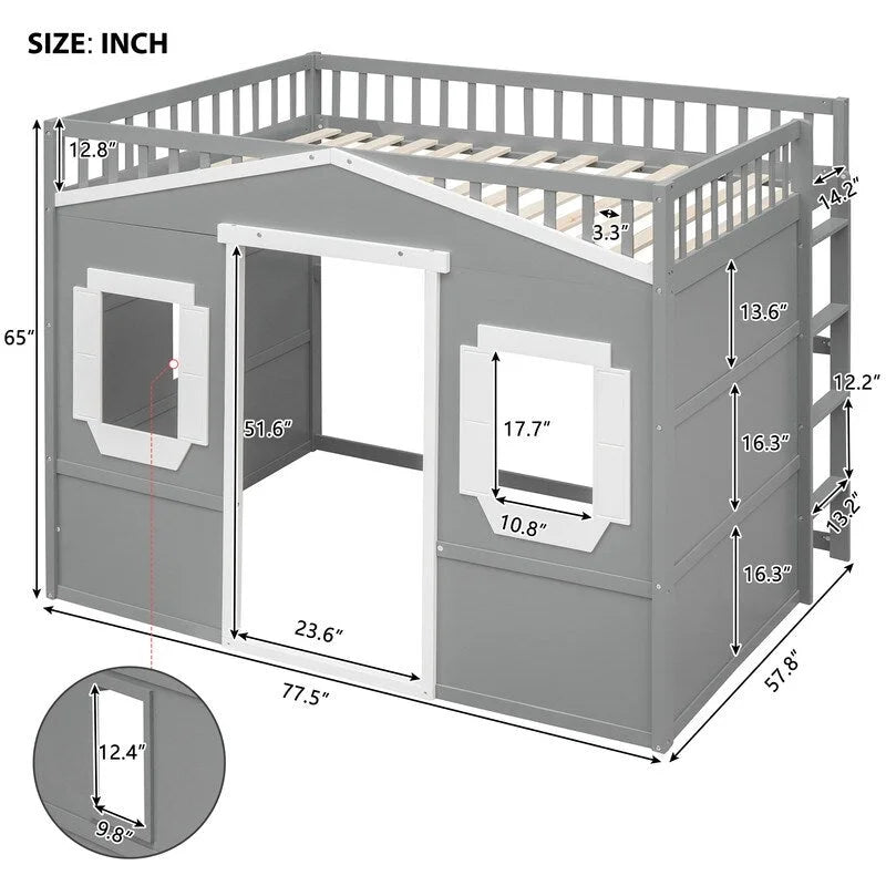 Lit mezzanine en bois deux places, cadre de lit cabane avec échelle et barrières de sécurité pour enfants, sommier non requis