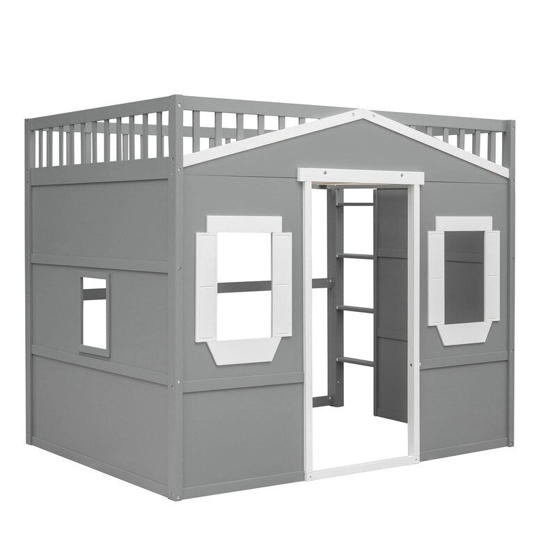 Lit mezzanine en bois deux places, cadre de lit cabane avec échelle et barrières de sécurité pour enfants, sommier non requis
