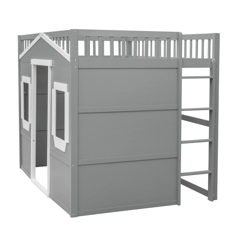 Lit mezzanine en bois deux places, cadre de lit cabane avec échelle et barrières de sécurité pour enfants, sommier non requis