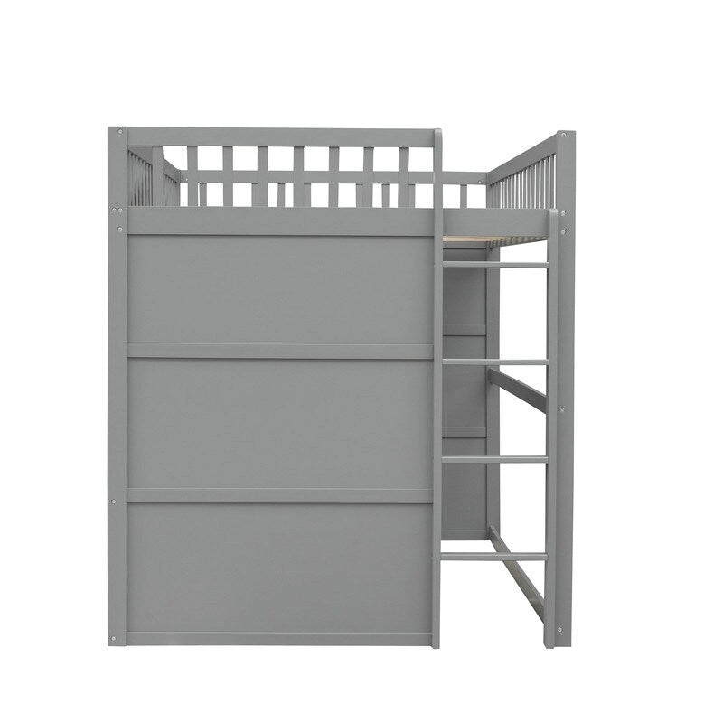 Lit mezzanine en bois deux places, cadre de lit cabane avec échelle et barrières de sécurité pour enfants, sommier non requis
