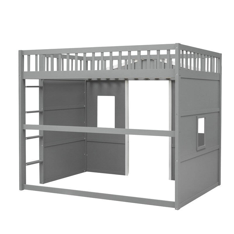 Lit mezzanine en bois deux places, cadre de lit cabane avec échelle et barrières de sécurité pour enfants, sommier non requis