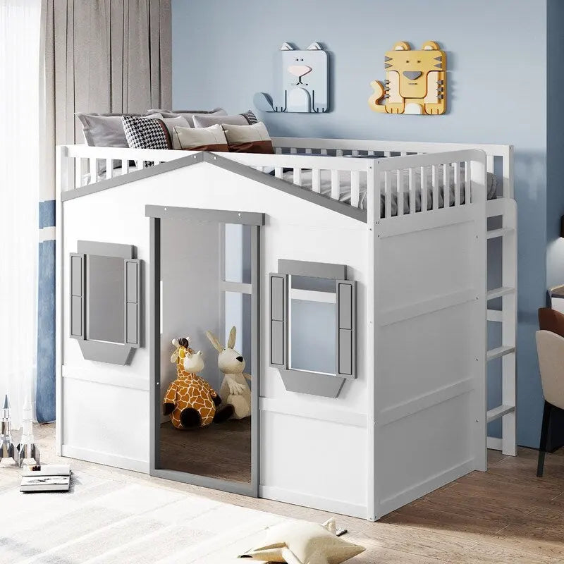 Lit mezzanine en bois deux places, cadre de lit cabane avec échelle et barrières de sécurité pour enfants, sommier non requis