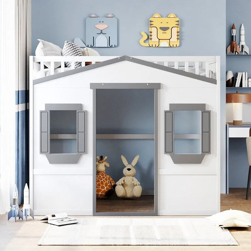 Lit mezzanine en bois deux places, cadre de lit cabane avec échelle et barrières de sécurité pour enfants, sommier non requis