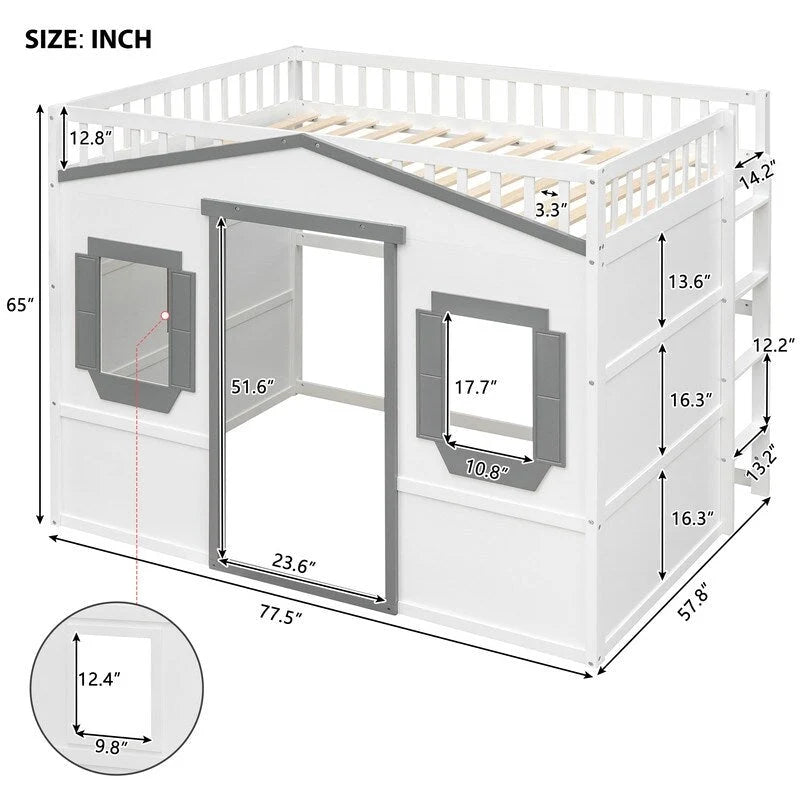 Lit mezzanine en bois deux places, cadre de lit cabane avec échelle et barrières de sécurité pour enfants, sommier non requis