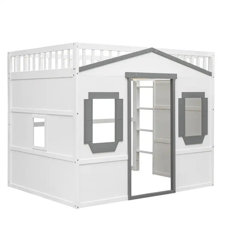 Lit mezzanine en bois deux places, cadre de lit cabane avec échelle et barrières de sécurité pour enfants, sommier non requis