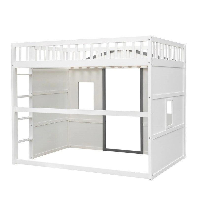 Lit mezzanine en bois deux places, cadre de lit cabane avec échelle et barrières de sécurité pour enfants, sommier non requis