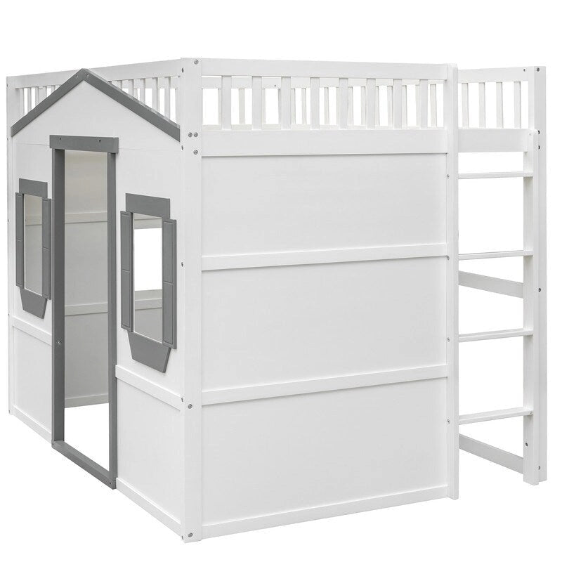 Lit mezzanine en bois deux places, cadre de lit cabane avec échelle et barrières de sécurité pour enfants, sommier non requis