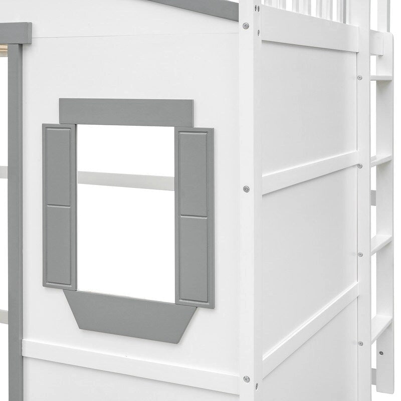 Lit mezzanine en bois deux places, cadre de lit cabane avec échelle et barrières de sécurité pour enfants, sommier non requis