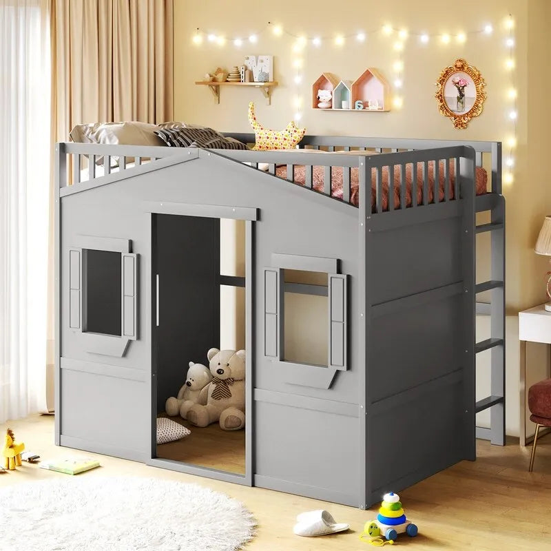 Lit mezzanine en bois deux places, cadre de lit cabane avec échelle et barrières de sécurité pour enfants, sommier non requis