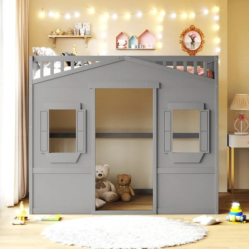 Lit mezzanine en bois deux places, cadre de lit cabane avec échelle et barrières de sécurité pour enfants, sommier non requis