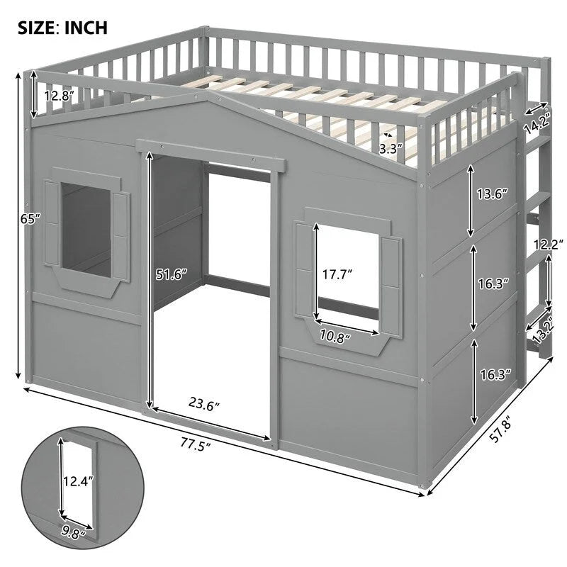 Lit mezzanine en bois deux places, cadre de lit cabane avec échelle et barrières de sécurité pour enfants, sommier non requis