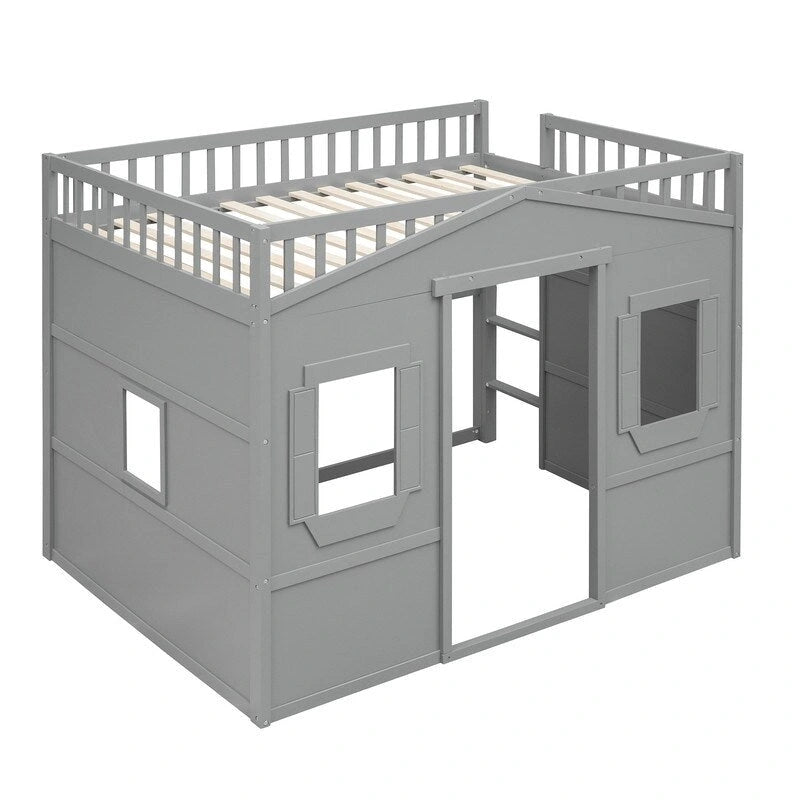 Lit mezzanine en bois deux places, cadre de lit cabane avec échelle et barrières de sécurité pour enfants, sommier non requis