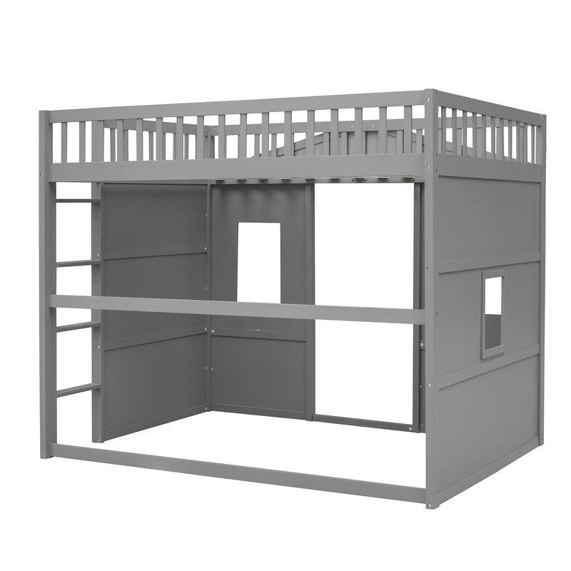 Lit mezzanine en bois deux places, cadre de lit cabane avec échelle et barrières de sécurité pour enfants, sommier non requis