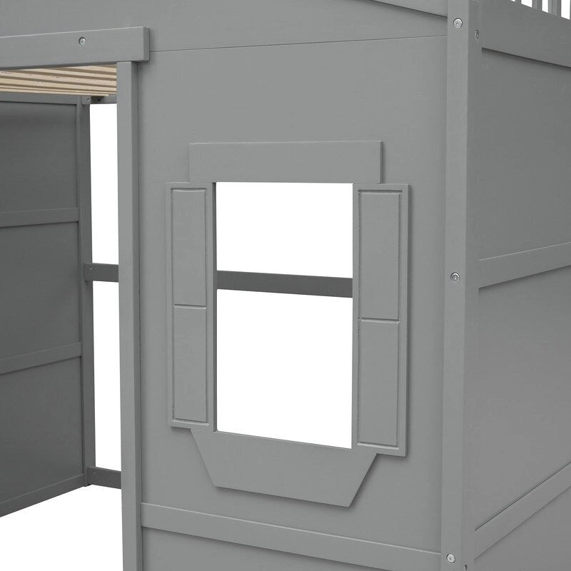 Lit mezzanine en bois deux places, cadre de lit cabane avec échelle et barrières de sécurité pour enfants, sommier non requis