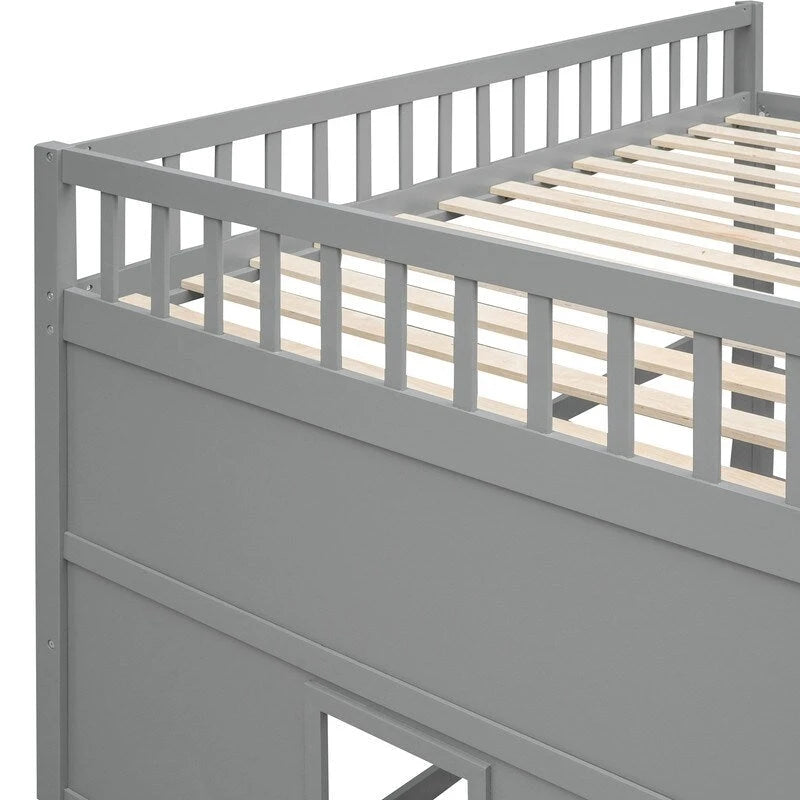 Lit mezzanine en bois deux places, cadre de lit cabane avec échelle et barrières de sécurité pour enfants, sommier non requis