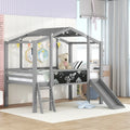 Lit mezzanine taille simple avec échelle et toboggan, lit cabane à sommier à lattes en bois avec tableau noir et bande lumineuse sur le toit