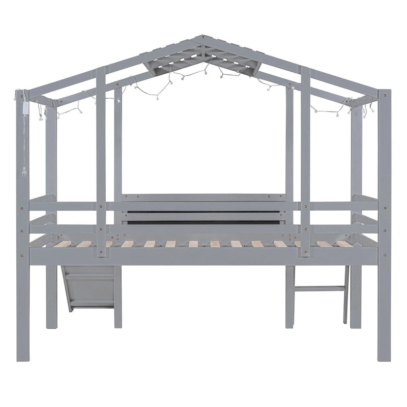 Lit mezzanine taille simple avec échelle et toboggan, lit cabane à sommier à lattes en bois avec tableau noir et bande lumineuse sur le toit