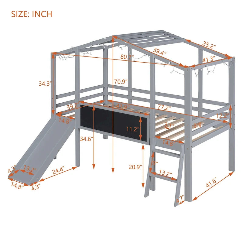 Lit mezzanine taille simple avec échelle et toboggan, lit cabane à sommier à lattes en bois avec tableau noir et bande lumineuse sur le toit