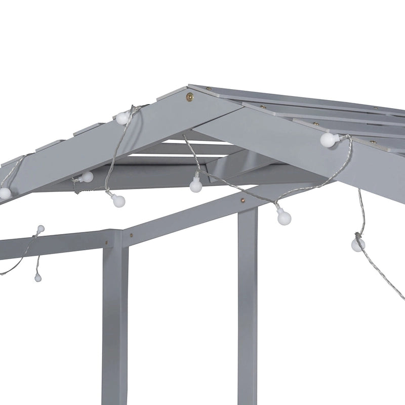Lit mezzanine taille simple avec échelle et toboggan, lit cabane à sommier à lattes en bois avec tableau noir et bande lumineuse sur le toit