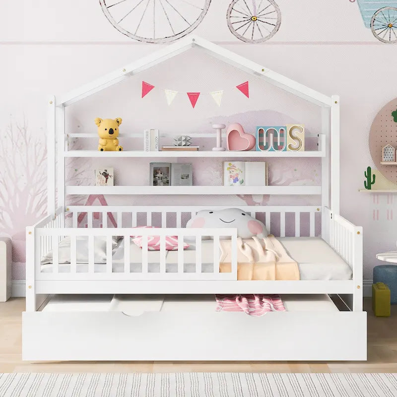 Lit cabane en bois de taille double avec lit gigogne double