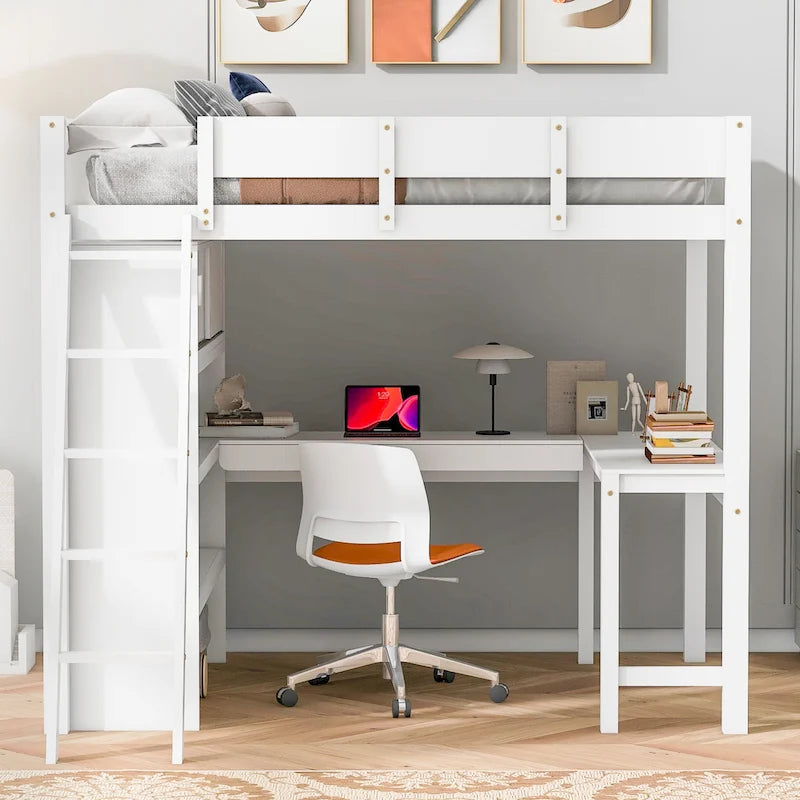 Lit mezzanine pleine grandeur avec bureau et étagère