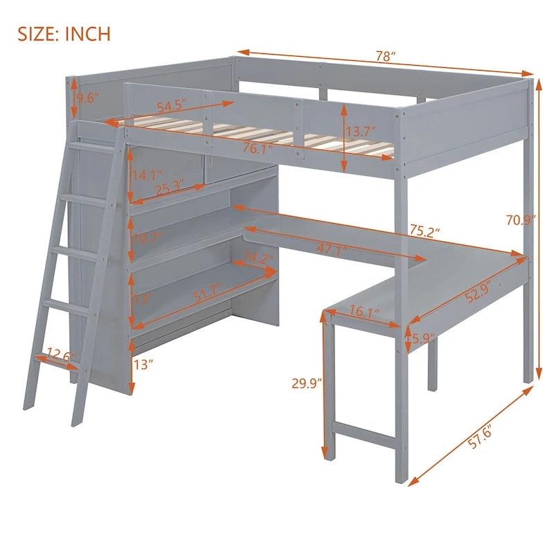 Lit mezzanine pleine grandeur avec bureau et étagère