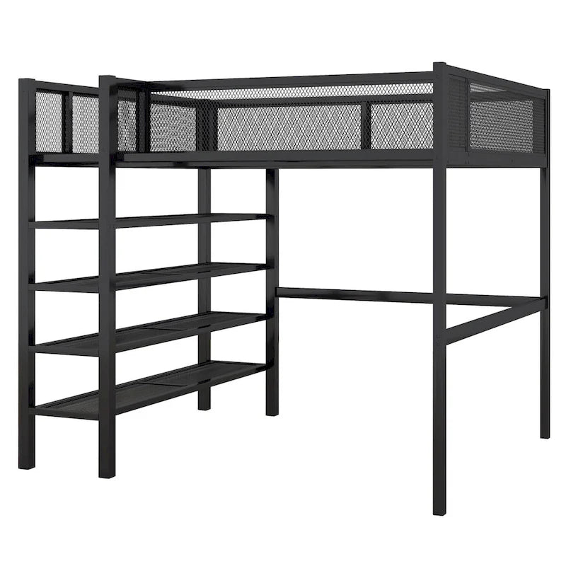 Lit mezzanine complet en métal noir avec étagères de rangement
