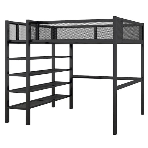 Lit mezzanine complet en métal noir avec étagères de rangement