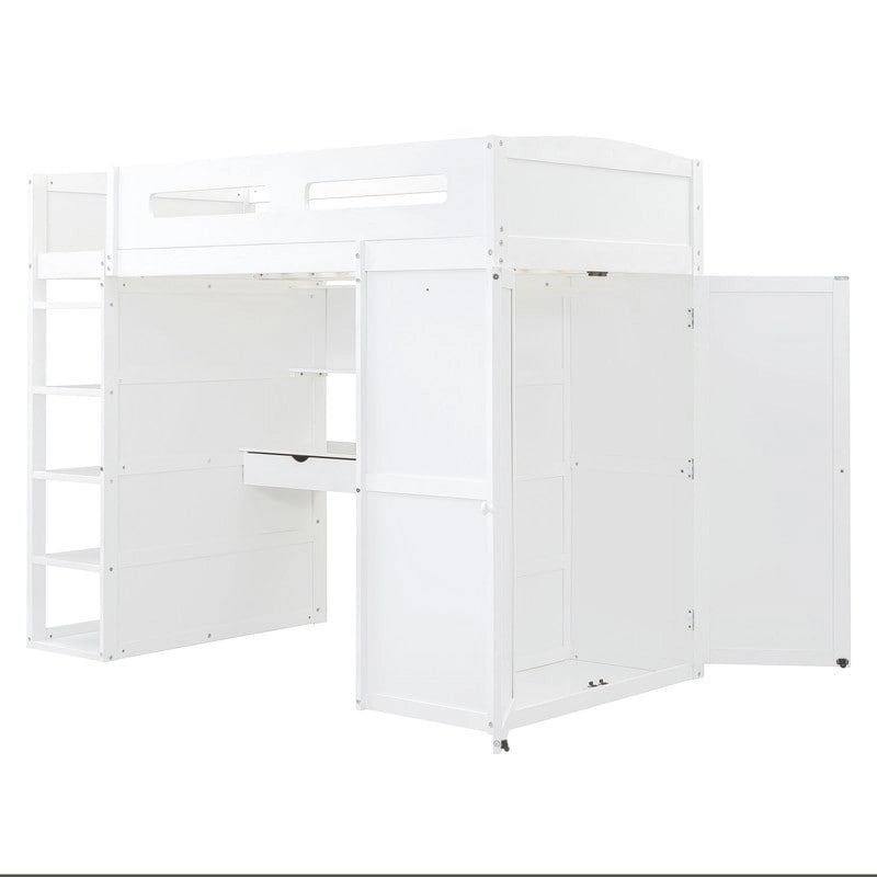 Lit mezzanine simple avec bureau, armoires, 4 tiroirs et 4 étagères