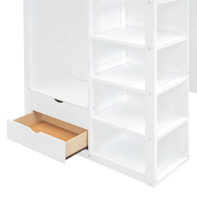 Lit mezzanine simple avec bureau, armoires, 4 tiroirs et 4 étagères